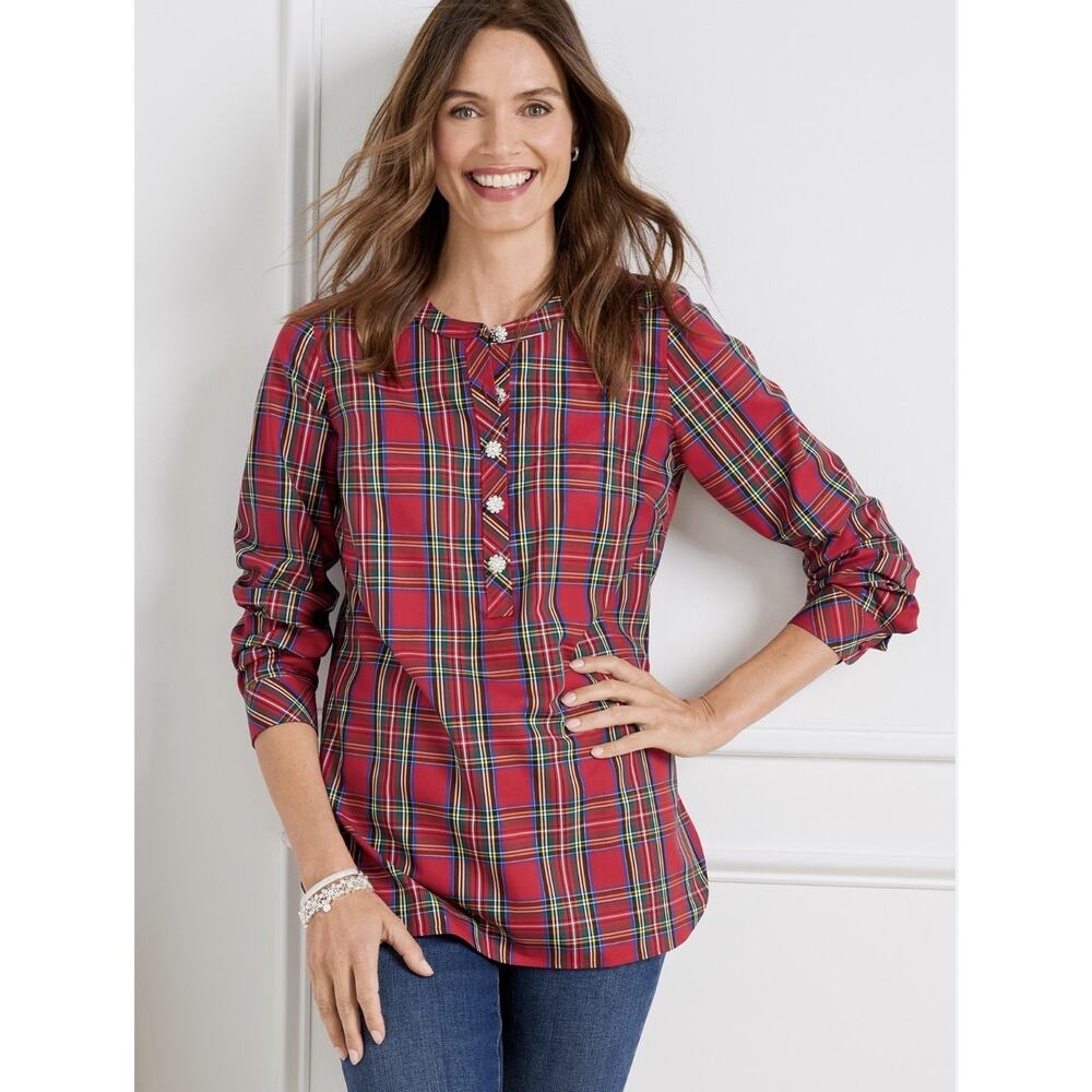 Talbots Non-Iron Band Collar Tunic Celebrate Plaid Lauren Christmas - XL